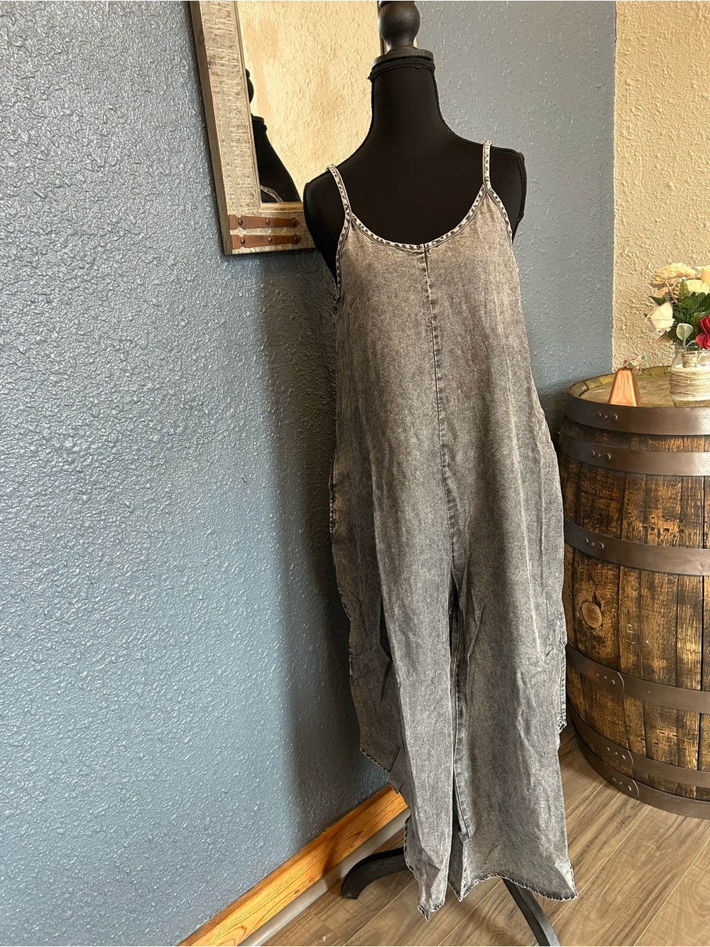Zenana Outfitters Washed Gray Wide-Leg Spaghetti-Strap Jumpsuit